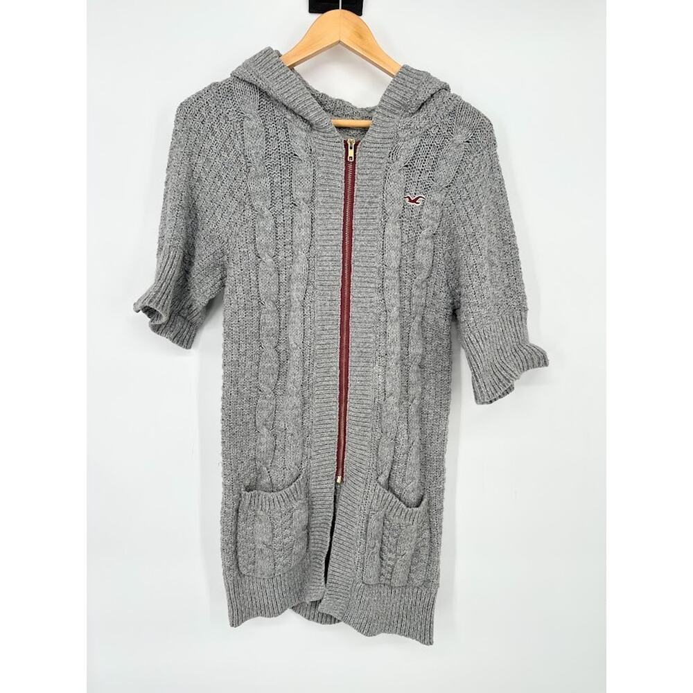 Y2K Hollister Sweater Women Medium Grey Cable Knit Long Cardigan Full Zip Hoodie
